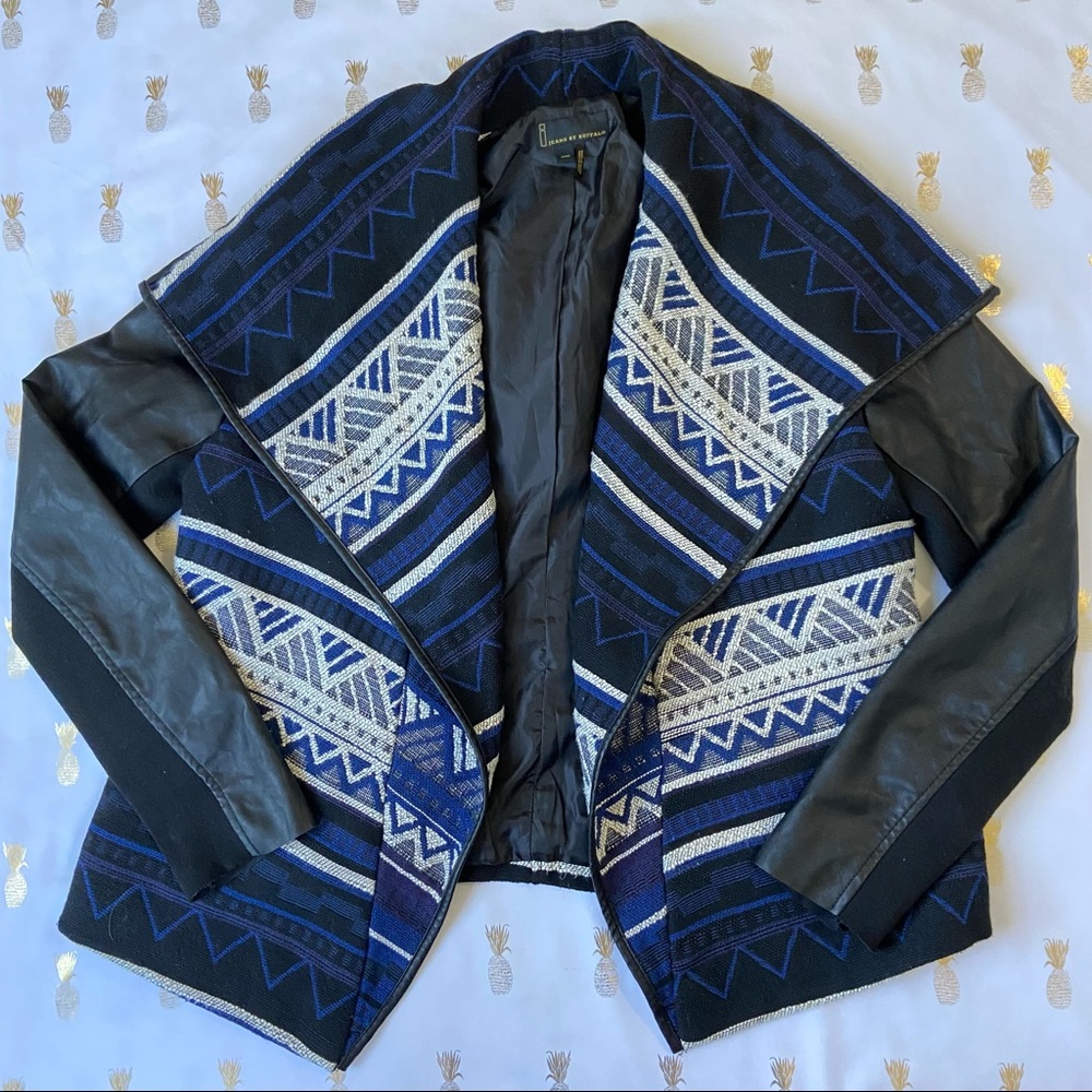 I Jeans by Buffalo Marcie Blue Black Tribal Print Drop Front Jacket